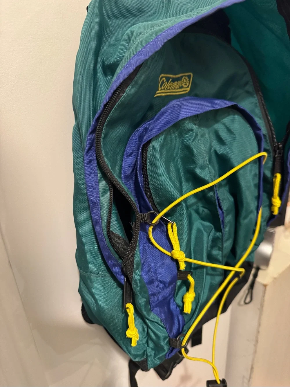 Vintage Coleman Green & Blue Backpack with Yellow Accents